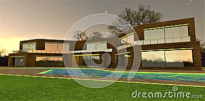 Yellow illumination of the elite contemporary esate finished with facade board at night. Bright polar star above the pool. 3d Cartoon Illustration