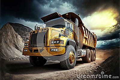 Yellow industry dump truck loading minerals copper, silver, gold, and other at coal mining quarry Stock Photo