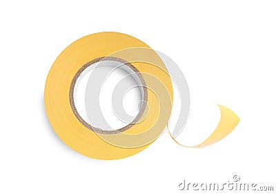 Yellow insulating tape isolated on white, top view Stock Photo