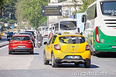 Yellow istanbul taxi in the middle of a traffic highway in istanbul, Editorial Stock Photo