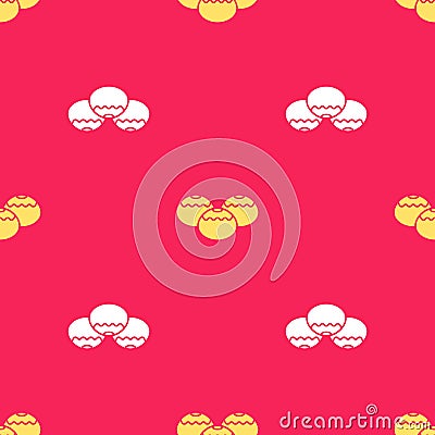 Yellow Jewish sweet bakery icon isolated seamless pattern on red background. Hanukkah sufganiyot. Jewish easter cake Vector Illustration
