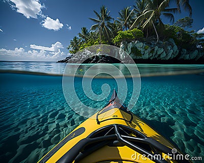 A yellow kayak is in the water near an island Stock Photo