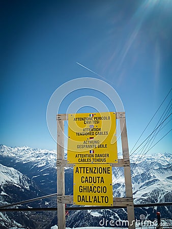 Warning label at italian Apls, Courmayer Editorial Stock Photo