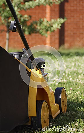 Yellow lawn mower on green grass Stock Photo