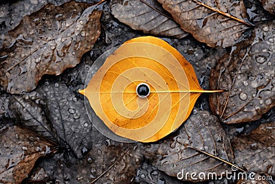 A yellow leaf laying on top of a pile of leaves, AI Stock Photo