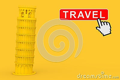 Yellow Leaning Pisa Tower with Travel Button and Pixel Icon Hand. 3d Rendering Stock Photo