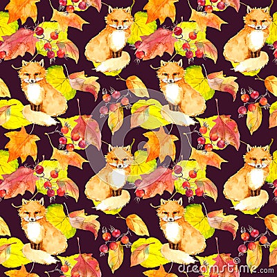 Yellow leaves, berries, fox animal. Repeating autumn pattern. Watercolor Stock Photo