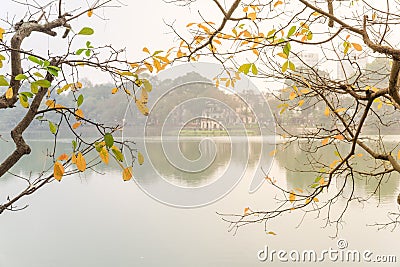 Bright yellow leaves of freshwater mangrove and Tortoise Tower at Hoan Kiem Lake, Hanoi Stock Photo