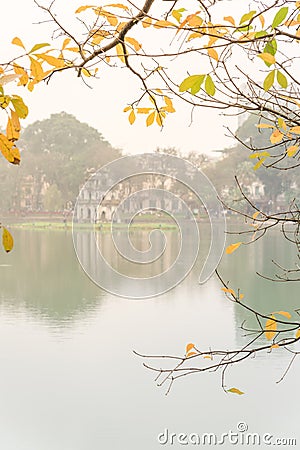 Bright yellow leaves of freshwater mangrove and Tortoise Tower at Hoan Kiem Lake, Hanoi Stock Photo