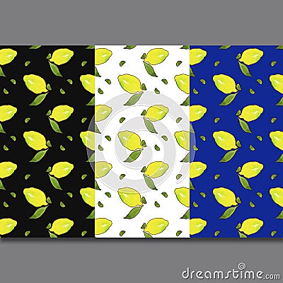 Yellow lemon fruits with green leaves isolated on colorful background in beautiful style.Pattern Cartoon Illustration