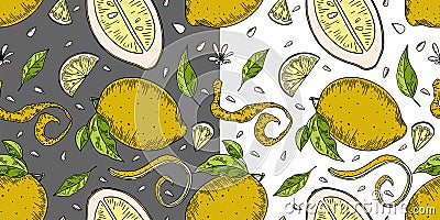 Yellow lemon set hand drawn seamless pattern with black outlines on grey background for textile, print, background, highlights. Vector Illustration