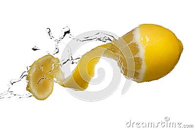 Yellow lemon splash macro isolated over white Stock Photo