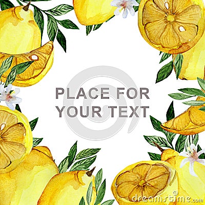 Yellow lemon watercolor frame with place for text. Template for invitations Stock Photo