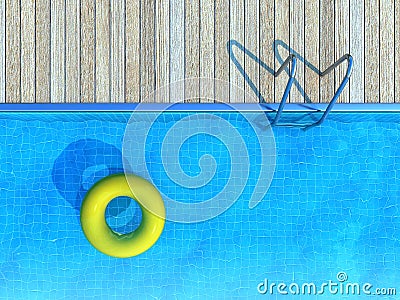 Yellow life preserver floating in swimming pool, summer background Stock Photo