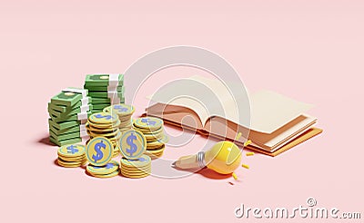 Yellow light bulb with money banknote, coins stacks, pencil, open book isolated on pink background. idea tip education, knowledge Cartoon Illustration