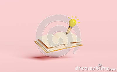 Yellow light bulb with pencil, open book isolated on pink background. idea tip education, knowledge creates ideas concept, minimal Cartoon Illustration