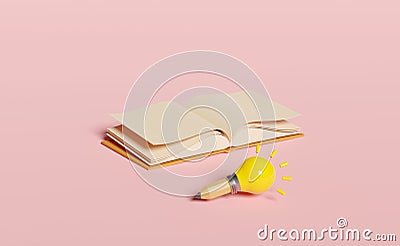 Yellow light bulb with pencil, open book isolated on pink background. idea tip education, knowledge creates ideas concept, minimal Cartoon Illustration