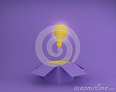 Yellow Light bulbs glowing creative idea think outside the box on purple background, Concept idea about Business for innovation a Stock Photo