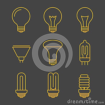 Yellow light bulbs outline icons Vector Illustration