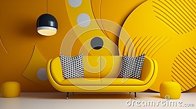 Yellow loveseat sofa and side tables against of colorful circle patterned wall. living generative ai Stock Photo