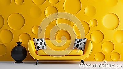 Yellow loveseat sofa and side tables against of colorful circle patterned wall. living generative ai Stock Photo