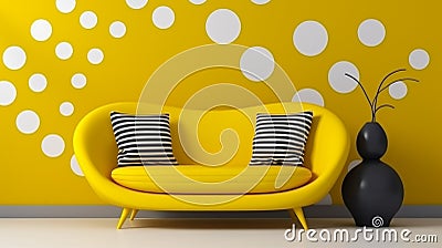 Yellow loveseat sofa and side tables against of colorful circle patterned wall. living generative ai Stock Photo