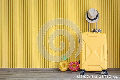 Yellow luggage and with traveler equipment Stock Photo