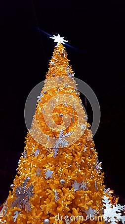 Yellow luminous Christmas tree into the night Stock Photo