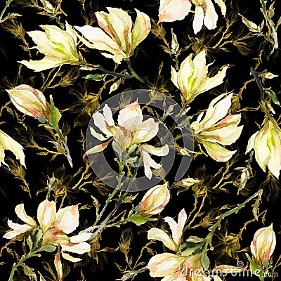 Yellow magnolia flowers on a twig on black; background. Seamless pattern. Watercolor painting. Hand drawn. Stock Photo