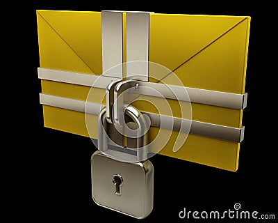 Yellow mail and lock on black background Stock Photo
