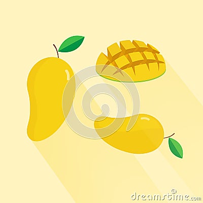 Yellow mango isolated on yellow background. Exotic fruit yellow mango isolated flat vector. Vector Illustration