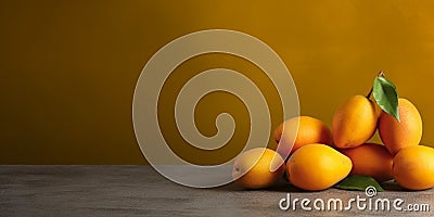 Yellow mango organic fruit wooden table copy space blurred background Stock Photo