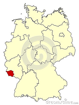 Yellow map of Germany with federal state Saarland isolated in red. Vector Illustration