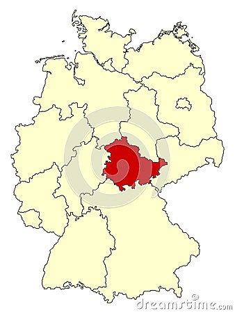 Yellow map of Germany with federal state Thuringia isolated in red. Vector Illustration