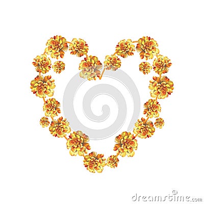 Yellow marigold chrysanthemum petunia calendula rose flower background heart wreath frame in watercolor drawing. Stock Photo