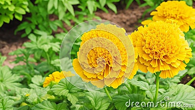 A Yellow Marigold in a tropical garden looking beautiful. Stock Photo