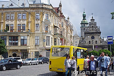 Yellow mini bus on the streets in Ukraine Editorial Stock Photo
