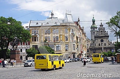 Yellow mini buses on the streets of Lviv in Ukraine Editorial Stock Photo
