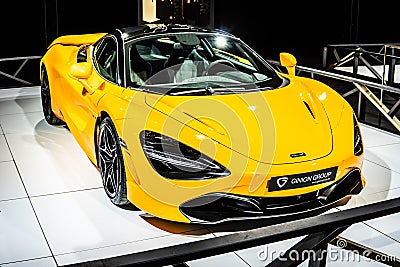 Yellow McLaren Sports Series 720s Spa 68 Collection, Brussels Motor Show, Dream Cars, supercar created by McLaren Editorial Stock Photo