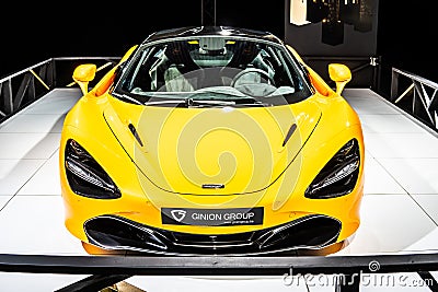 Yellow McLaren Sports Series 720s Spa 68 Collection, Brussels Motor Show, Dream Cars, supercar created by McLaren Editorial Stock Photo