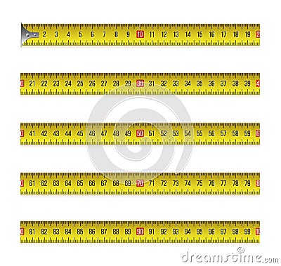 Yellow measure tape, flexible ruler in metal strip. Vector Illustration