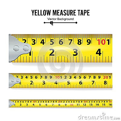 Yellow Measure Tape Vector. Measure Tool Equipment In Centimeters. Several Variants, Proportional Scaled. Vector Illustration