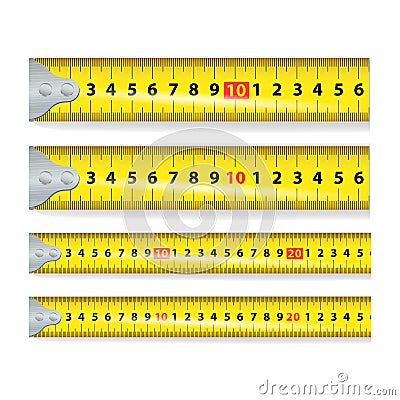 Yellow Measure Tape Vector. Measure Tool Equipment In Centimeters. Several Variants, Proportional Scaled. Vector Illustration