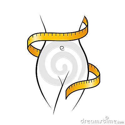 Yellow measure tape wraps around woman outline slim body icon Stock Photo