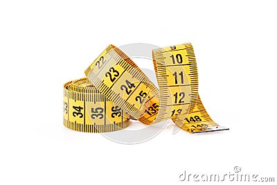 Yellow measuring tape isolated on white background. Measuring tape for fitness. Close up Stock Photo