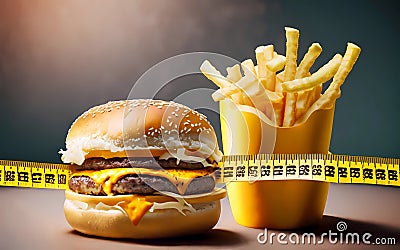 yellow measuring tape tightens french fries and burger Stock Photo