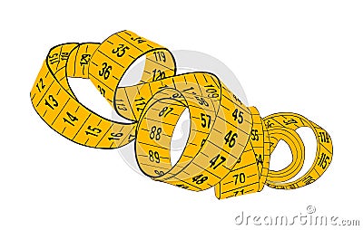 Yellow measuring tape vector isolated on white background. Spiral fashion tape measure vector. Cartoon Illustration