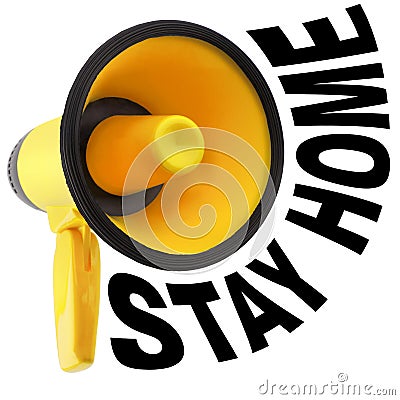 Yellow megaphone white background isolated close up, text STAY at HOME, Coronavirus pandemic, covid 19 epidemic, loudspeaker icon Stock Photo