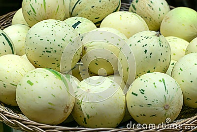 Yellow melons in a basket at the market Stock Photo
