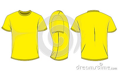 Yellow mens t-shirt with short sleeves. Front, back, side view. Isolated on white background Vector Illustration